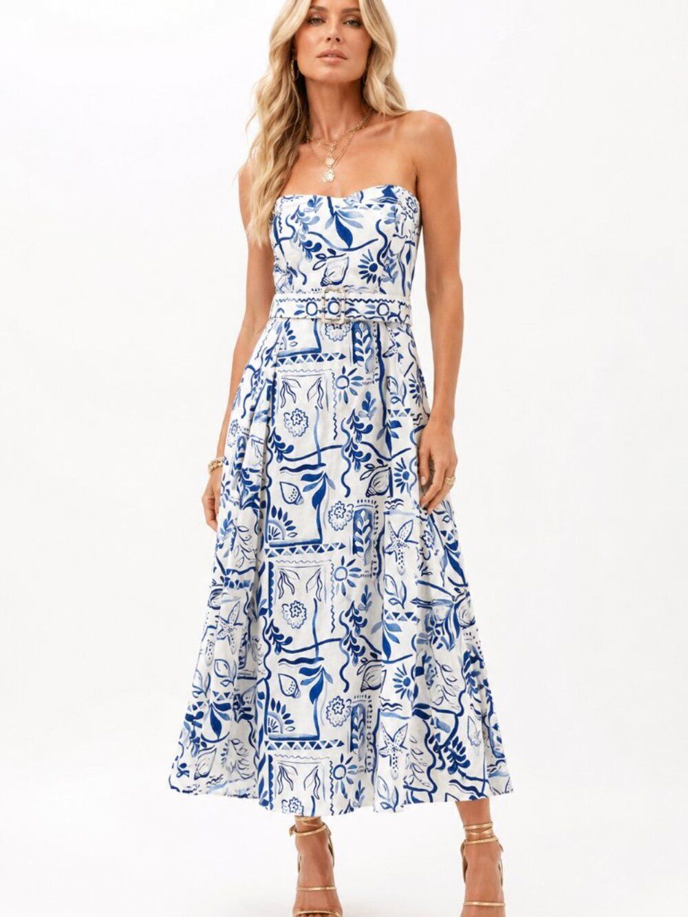 Rachel Zoe Strapless Midi Dress Women 10 White Navy Santorini Tie Belt Resort